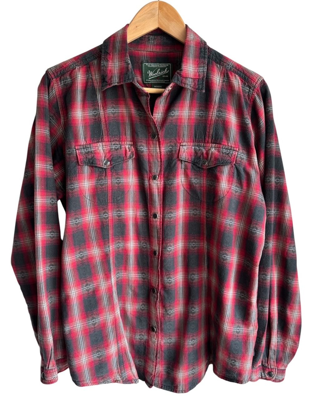 Woolrich Plaid Pearl Snap Shirt Womens L Red Grey 100% Cotton Flannel Outdoor